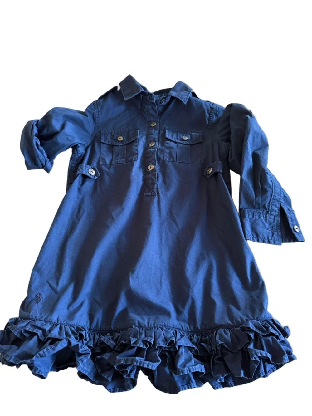 Polo Ralph Lauren Girls Navy Shirt Dress Size 4 Button Front Ruffle Hem Classic